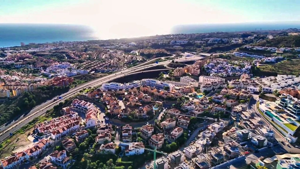 Aerial view over Mijas Costa towards the sea