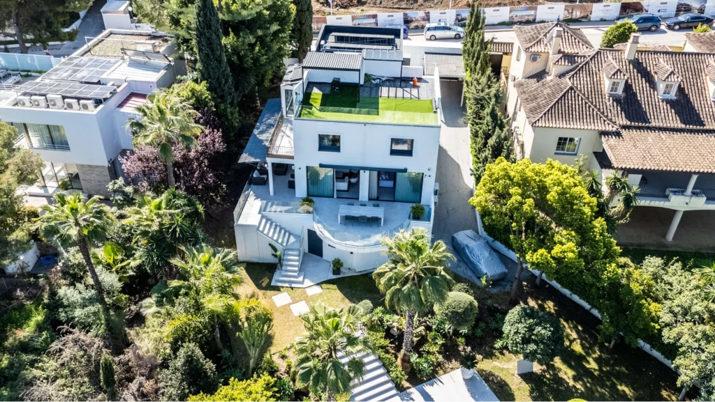 Drone photo of a luxury villa and garden in Nueva Andalucía, Marbella