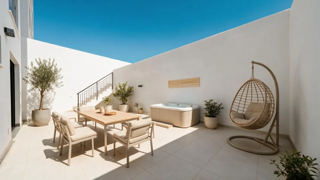 Patio, virtually staged with outdoor furniture and a hanging chair